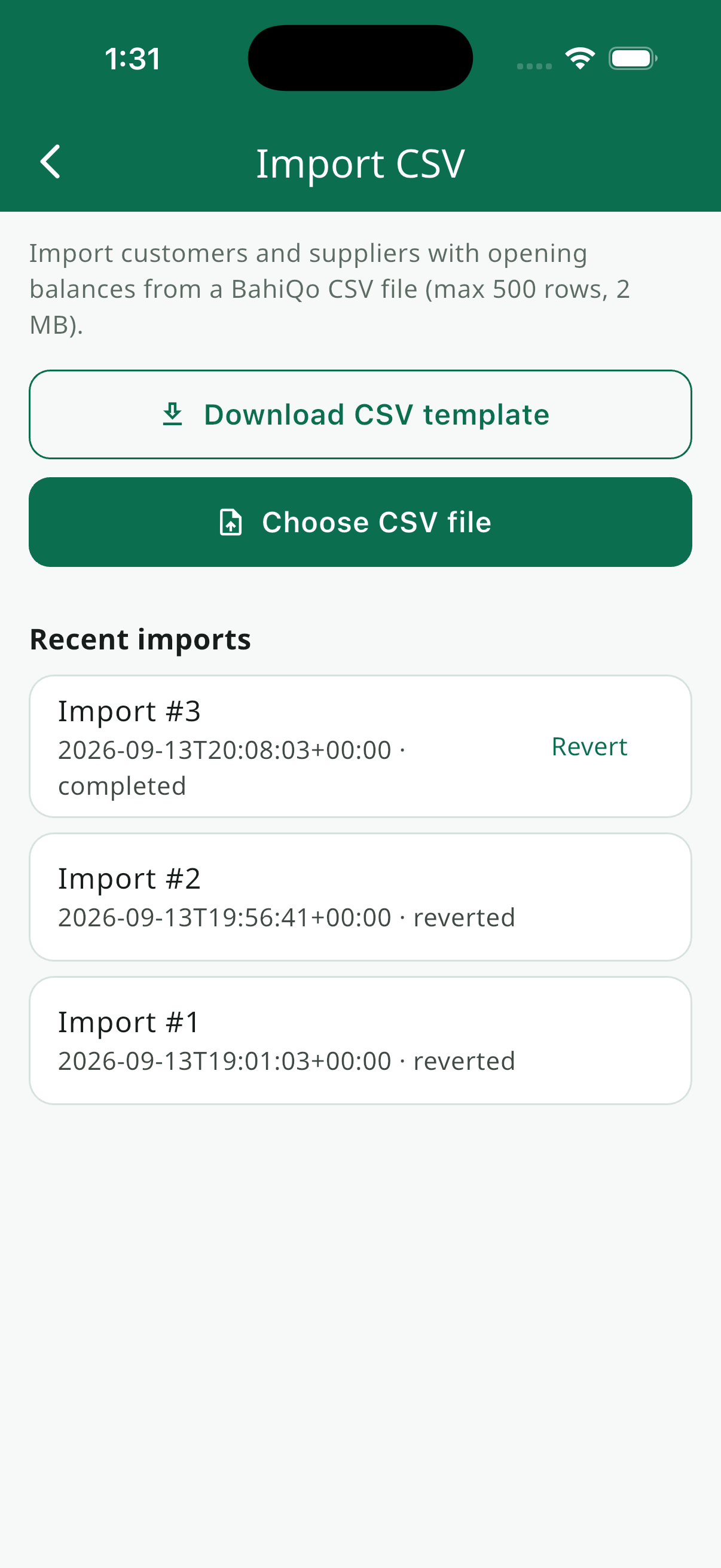 BahiQo CSV import screen
